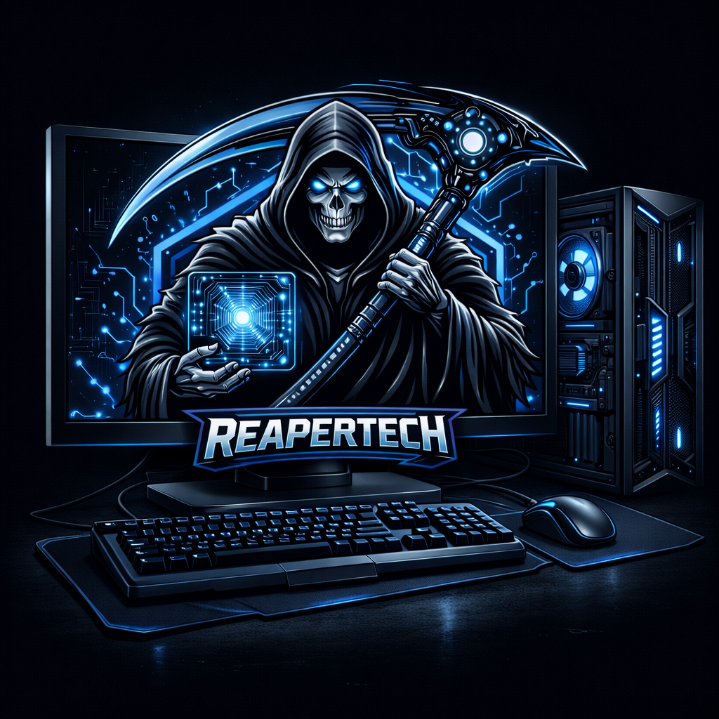 ReaperTech hooded reaper at a computer workstation
